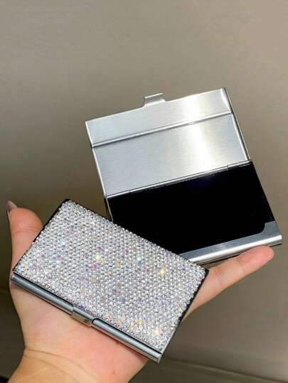 1pc Metal Business Card Holder, Shiny Rhinestone Embellished, Portable Large Capacity Card Case, Unisex Business Gift