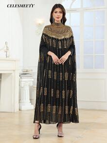 奢华女士皇家黑金V领亮片刺绣阿拉伯长袍斗篷袖连衣裙，适合派对、婚礼、家庭聚会等场合。 - 黑色 - 查看 5