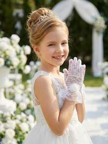 1 par de guantes de encaje floral para niñas de 4 a 12 años, guantes de encaje ultra suaves y elásticos, adecuados para bodas, concursos de belleza, niñas de las flores, actuaciones de baile y accesorios de fotos de princesa de cumpleaños - 1Pair - Ver 6
