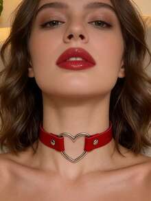 1pc Women Punk PU Leather Metal Heart Rivets Snap Collar Necklace, Street Fashion Hip Hop Accessories - Multicolor - View 5