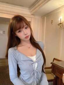 2 In 1 Lace Tie-Up Korean Style Sweet Desire Long Sleeve Women Top - Blue - View 2