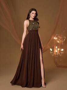 Mgiacy New Arrival Round Neck Halter Fancy Evening Gown Dress Sequin Ruched High Slit Chiffon Long Dress - Brown - View 4