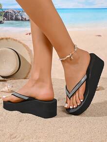 女士水钻绑带人字拖，厚底，耐磨，适合海滩度假，休闲吸睛，夏季新品 - 黑色 - 查看 3