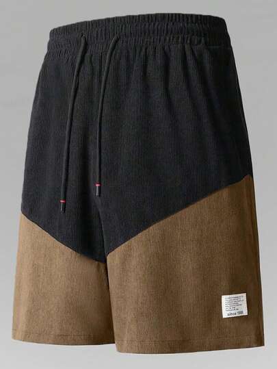 1pc Boyfriend Style Men's Soft Breathable Running & Fitness Workout Shorts, Contrast Color Corduroy