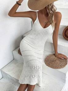 优雅女士时尚针织长裙，适合春夏穿着，全白露背沙滩长裙，性感休闲度假风，低调复古奢华感，适合返校季、秋冬派对以及圣诞节、感恩节和新年等场合。 - 白色 - 查看 1