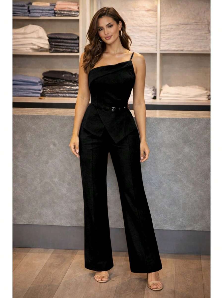 Elegant Tailored Suit, Double-Breasted Fabric, With Belt, For Evening, Wedding, Or Office. - 黑色 - 查看 1