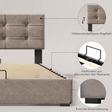 Hydraulic Doppelbett Polsterbett 140x200cm, Inclusive Matratze, Verstellbares Kopfteil, Bett Mit Lattenrost Aus Metallrahmen, Samt, Modernes Bettgestell Mit Stauraum, Hellgrau - Grey - View 3