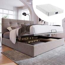 Hydraulic Doppelbett Polsterbett 140x200cm, Inclusive Matratze, Verstellbares Kopfteil, Bett Mit Lattenrost Aus Metallrahmen, Samt, Modernes Bettgestell Mit Stauraum, Hellgrau - Grey - View 5
