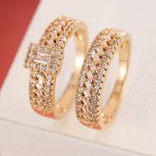 女士两件套铜戒指，优雅复古新娘叠戴戒指，镶嵌闪亮锆石，日常/婚礼首饰，情人节礼物 - 婚禮對戒7 - 查看 30