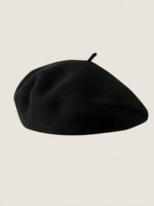 1pc Classic Warm Solid Color Beret Hat, Fashionable Minimalist Artist Cap - Black - View 2
