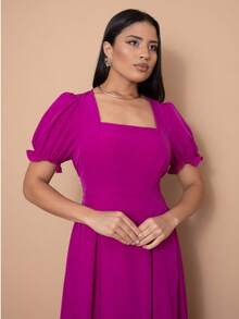 Helena Long Dress, Plain Crepe Fabric, Elasticated Back, Short Sleeves. - Màu Hoa hồng đỏ - Xem 4