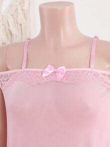 Set de 2 piezas de lencería transparente con adorno de encaje y moño, con tanga a juego, una opción perfecta para ropa de dormir - Rosa - Ver 4