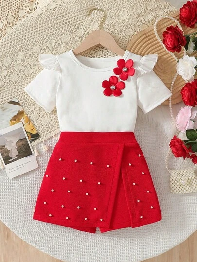 2pcs/Set Girls 4-7Y Cap Sleeve Top With 3D Flower Decor & Pearl Embellished Skirt, Suitable For Vacation, Birthday Party, Daily Play, New Year, Valentine's Day Gift