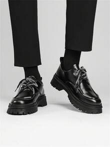 Black Casual Leather Shoes, Men's Spring 2026 New Arrival, Thick Sole, British Style, Versatile Dress Shoes - Black - View 4