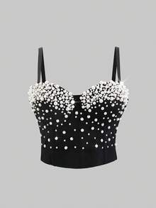 Handmade Faux Pearl Versatile Backless Camisole Top, Fashionable Resort Style Casual Black Summer - Black - View 7