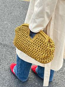 法式小众复古编织手提包，褶皱贝壳包，草编斜挎包，链条单肩包，适合度假和海滩 - 黃色 - 查看 7