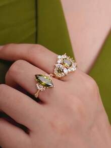 2pcs Elegant Luxury Geometric Floral Teardrop Design Fully Paved Cubic Zirconia French Palace Style Rings Set, Fashionable Personalized High-End Copper Open Rings For Women, Suitable For Vacation, Events, Parties - Golden Yellow+Green - View 6