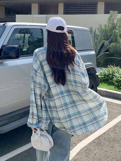 Blue Plaid Shacket For Women, Loose Fit, Lightweight, Contrast Color, Retro Style, Long Sleeve, Sun Protection, Spring/Summer
