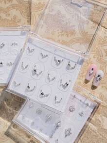 1件白色法式蕾丝高品质钻石组合美甲贴纸装饰配件 - 彩色 - 查看 2
