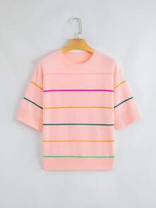 Acelitt Colorblock Striped 3/4 Sleeve Casual Knit Top, Suitable For All Seasons Pink - Pink - View 6