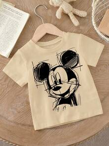 Disney Background Mickey Mouse Hand-Drawn Graffiti Style Print Kids' Loose Short Sleeve T-Shirt - Playful And Artistic Casual Top - Màu be - Xem 3