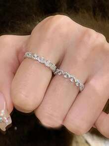 2pcs/Set Cubic Zirconia Lace Rings, Fashionable Luxury Personalized Stackable Rings, Open Finger Rings - 2-piece Set - View 2