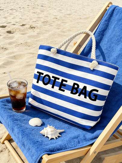 Women's Summer Large Capacity Beach Tote Bag,Navy & White Striped Shoulder Purse, Versatile Beach Bag Printed With Letters'tote Bag', Spacious Everyday Handbag,Casual Chic Everyday Shopping Bag,Perfect For Travel, Work, Shopping, Striped Design,Sturdy Handle Construction,Suitable For Beach Travel, Vacation, Beach,Travel Essentials