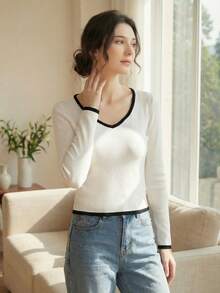 Knit Mix Women Casual Color Block Long Sleeve Knitted Sweater, Crew Neck, Short Style (Pattern May Vary) - White - View 3