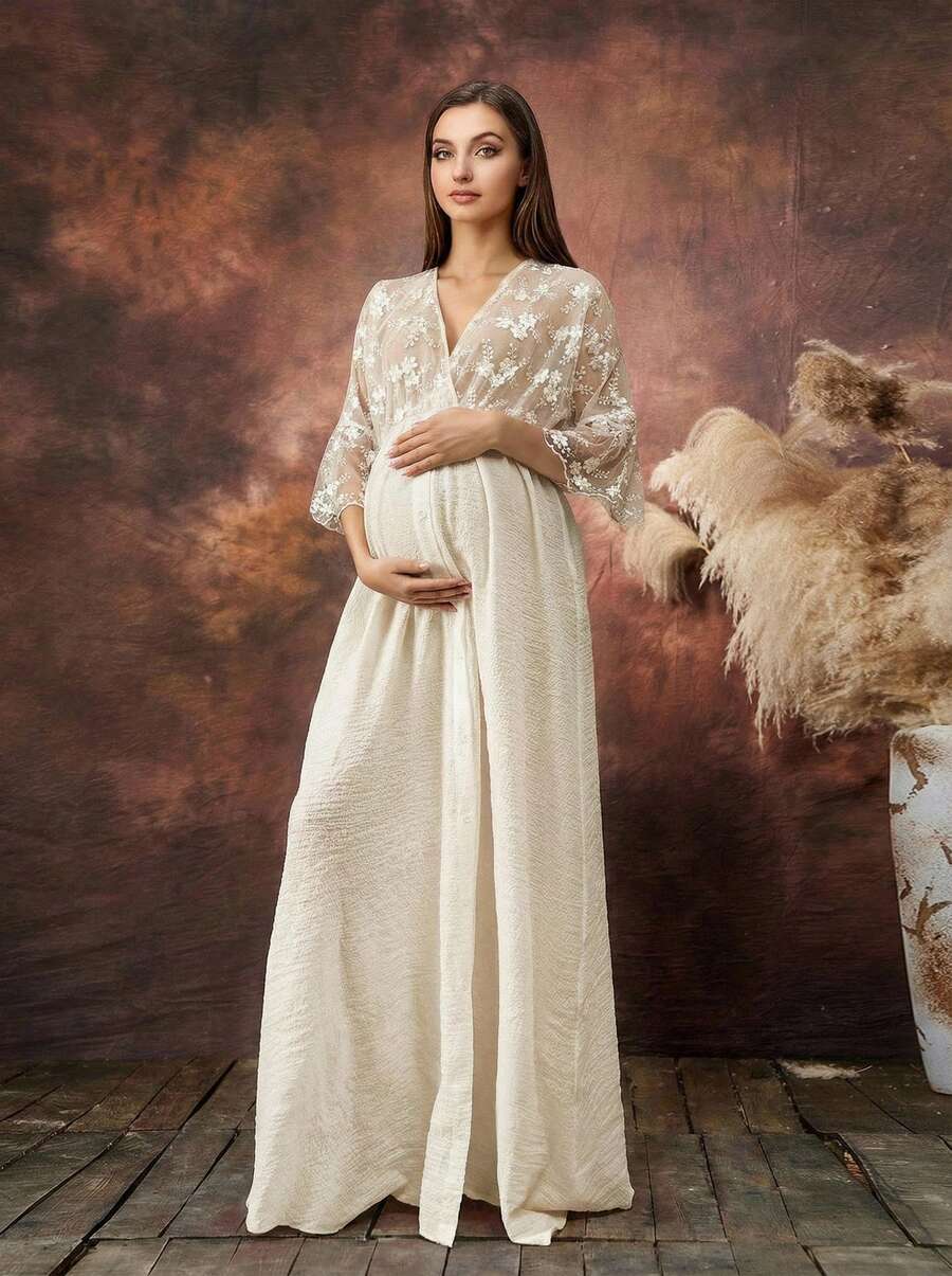 Irresista 孕妇花卉刺绣网眼摄影连衣裙 - 白色 - 查看 1