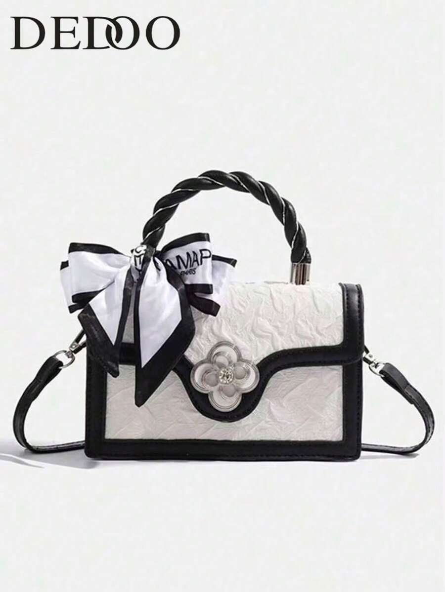 Retro Square Mini Bag, Unique Design Multi-Match Crossbody Bag For Women, Casual Tote Handbag For Commuting, Best Mother's Day Gifts Women(Scarf Styles Random) - 黑與白 - 查看 1