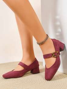 Spring New Mary Jane Shoes Women Thick Heel Pumps Retro Metal Buckle Casual Commute Date Elegant Low Vamp Shoes - Burgundy - View 2