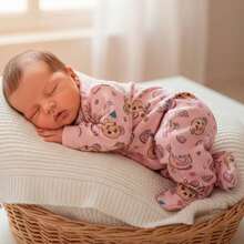 Baby Girl/Boy Long-Sleeved  With Zipper, Lined, Warm, Practical, Comfortable, Printed, Sizes Newborn, Small, And Medium, With Closed Feet. - 粉紅色泰迪熊 - 查看 2