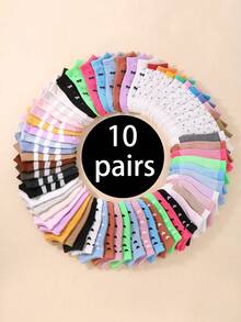 10 Pairs Random Color Striped Heart Pattern Kids Sports Ankle Socks, Soft Lightweight Low-Cut Socks, Solid Color Casual Socks, Boat Socks For Spring/Summer - Multicolor - View 10