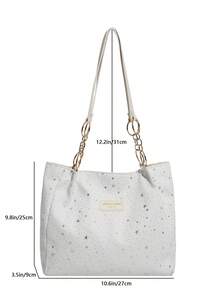 1pc Cloud Decor Star Pattern Polyester Large Capacity Zipper Shoulder Bag, Fashionable For Women Daily Use - White - View 2