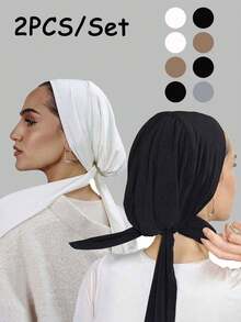 2PCS/Set Women's Solid Color Headscarf, Soft And Skin-Friendly, With A Simple Style That Matches Various Outfits, Showing Elegance. Suitable For: Daily Sun Protection, Going-Out Matching, Travel Shooting. - Multicolor - View 1
