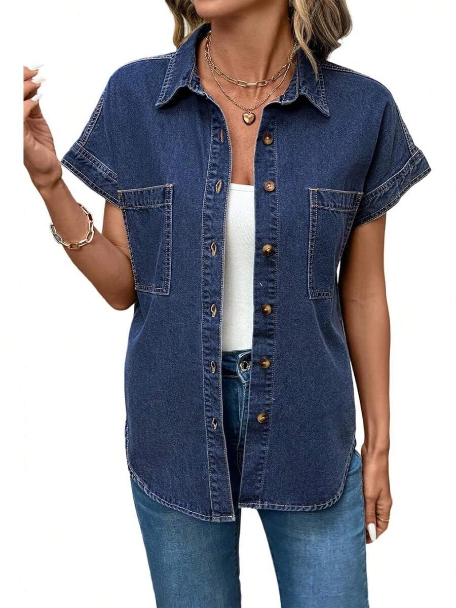 Women's Button Down Denim Shirt Collared Short Sleeve Jean Shirt Blouse With Pockets - màu xanh đậm - Xem 1