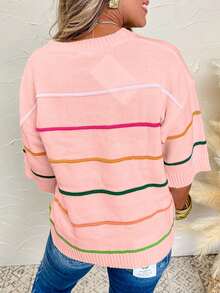 Acelitt Colorblock Striped 3/4 Sleeve Casual Knit Top, Suitable For All Seasons Pink - Pink - View 2