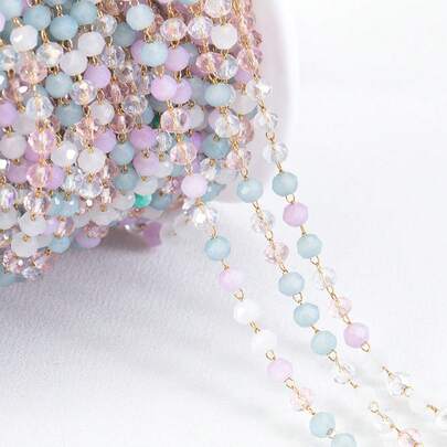 1m Gold Stainless Steel Chain With Crystal Beads, Suitable For Summer Jewelry Making, Applicable For DIY Necklace, Bracelet, Accessories