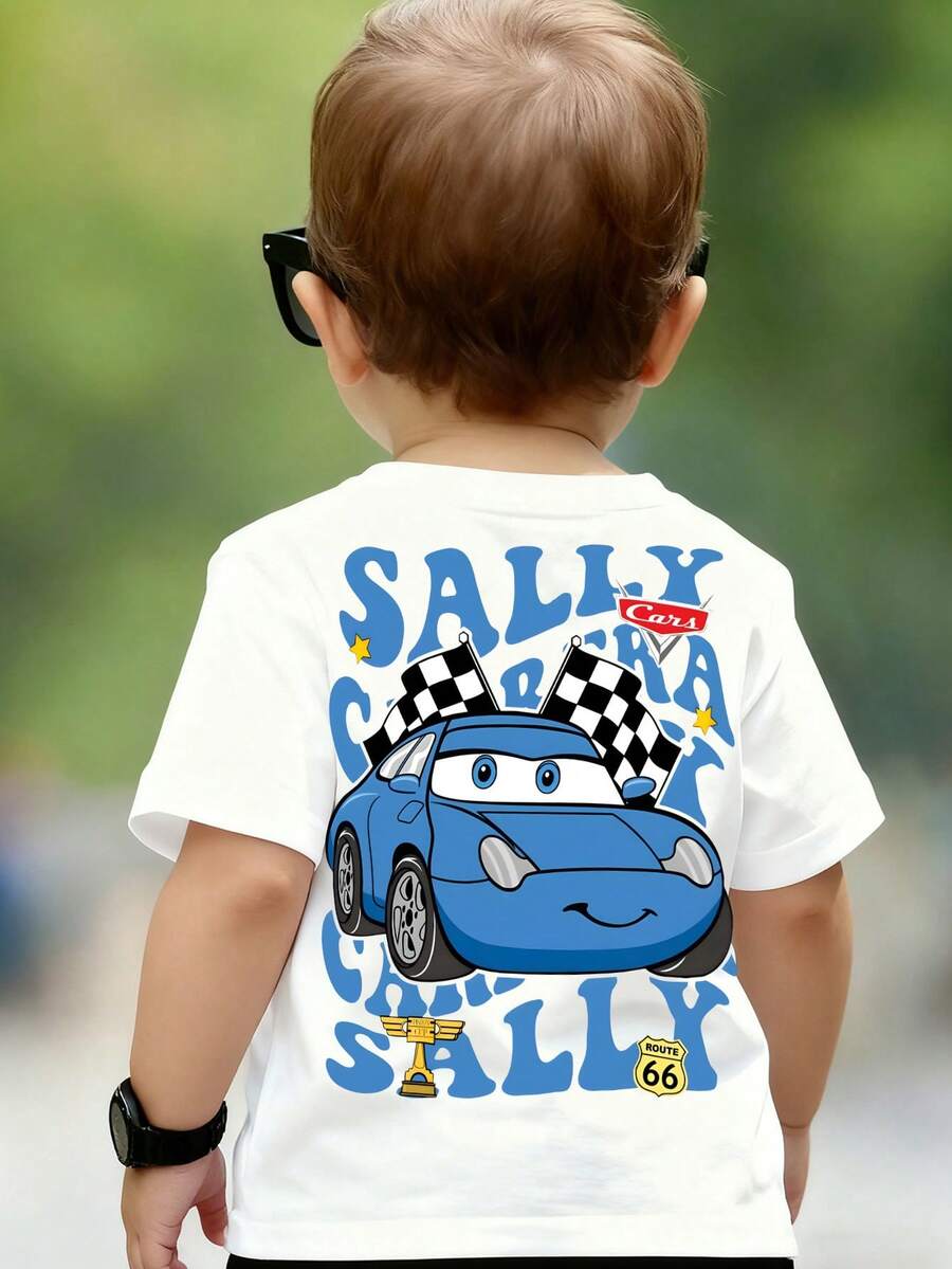 Disney White Background Cars Sally Carrera Print Kids' Short Sleeve T-Shirt - Playful And Cute Racing Style Top - trắng - Xem 1