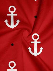 Men's Anchor Print Drawstring Waist Casual Breathable Beach Shorts, 2 In 1 Design - Red - View 4