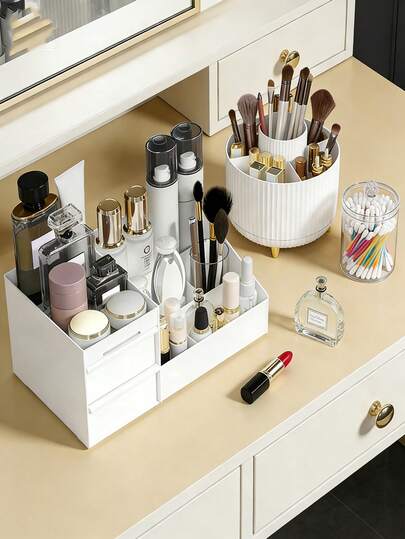 Caixa organizadora de mesa para cosméticos, preta e branca, com design simples e grande capacidade (1 unidade). Ideal para guardar colônia, acessórios de barbear, creme de barbear, perfumes e produtos de cuidados com a pele. Perfeita para banheiro e quarto.