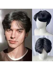 10 Inch Brown & Black Short Textured Synthetic Wig For Men, Versatile For Everyday Wear And Halloween Costumes, European & American Style Short Business Men's Wig, Natural Fluffy Short Hair High Temperature Fiber - Multicolor - View 6