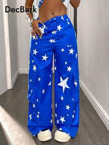 American Baddie Star Print Wide Leg Pants, Navy Blue, Large Pockets, Casual Street Style, Spring/Summer - Blue - View 1