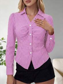 新款V领褶皱修身条纹前开襟荷叶边女式衬衫 - 西瓜粉 - 查看 3