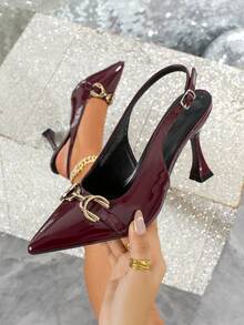 Burgundy Women's Fashion Pointed Toe Metal Buckle Open Back Stiletto Heel Sandals, Sexy Elegant Commuting Versatile High Heels - Burgundy - View 5