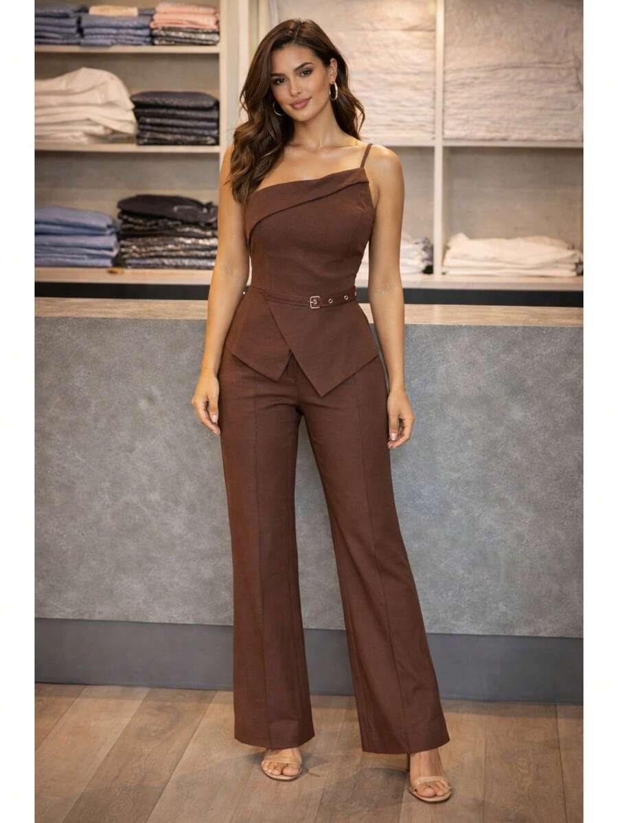 Elegant Cross-Back Fabric With Belt For Evening, Wedding, Or Office - 鏽棕色 - 查看 1