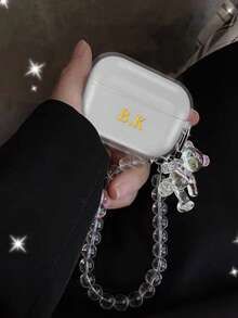 Customized (2 Pieces Set, Including Teddy Bear Crystal Pendant) Minimalist Transparent Earphone Case Compatible With AirPods 1/2 3 New 4 Pro 3, Customized Letter Name, Back To School, Valentine's Day Gift, Good Birthday Gift, Holiday Gift, Gift For Him/Her, Personalized Gift - Clear - View 3