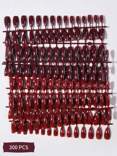 300pcs Wine Red Glossy Almond-Shaped Acrylic Nail Stickers, Perfect Fit, Brown And Red Nail Art Stickers Make Your Fingertips Shine Brilliantly, Ideal For Parties, Dancing And Everyday Use Nails Nail Supplies