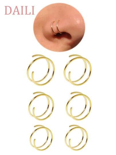 DAILI 5-6件/套 双螺旋鼻环 简约双圈鼻环 单孔鼻环 不锈钢耳环 鼻环 身体饰品 男女通用