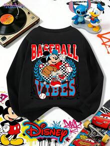 1pc Disney Mickey Mouse Retro Graffiti "Baseball Vibes" Graphic Tween Boys Cool Sweatshirt (Cozy & Versatile) - Perfect For School Days, Hangouts, And Urban Street Outfits - Black - View 5